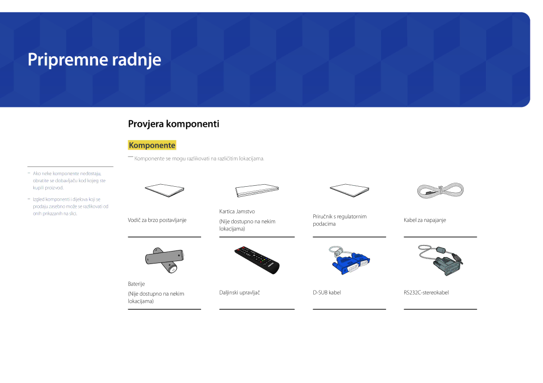 Samsung LH22DBDPSGC/EN manual Pripremne radnje, Provjera komponenti, Komponente, Podacima, Lokacijama 