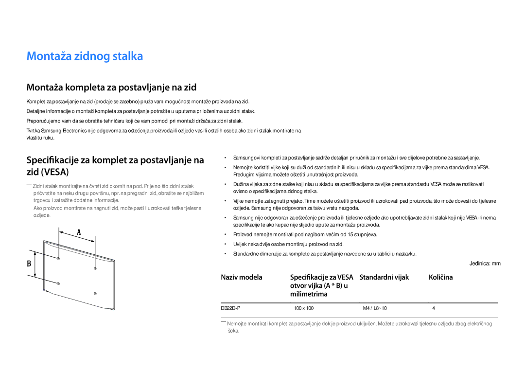 Samsung LH22DBDPSGC/EN manual Montaža zidnog stalka, Montaža kompleta za postavljanje na zid 