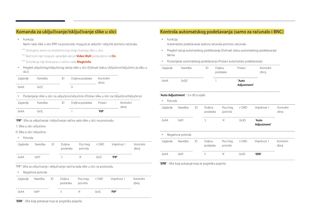 Samsung LH22DBDPSGC/EN manual Komanda za uključivanje/isključivanje slike u slici, Funkcija, Auto Adjustment 0 x 00 uvijek 