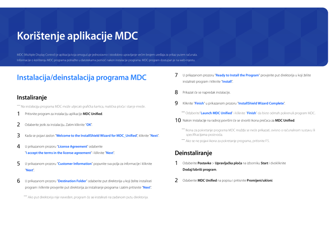 Samsung LH22DBDPSGC/EN manual Korištenje aplikacije MDC, Instalacija/deinstalacija programa MDC, Deinstaliranje 