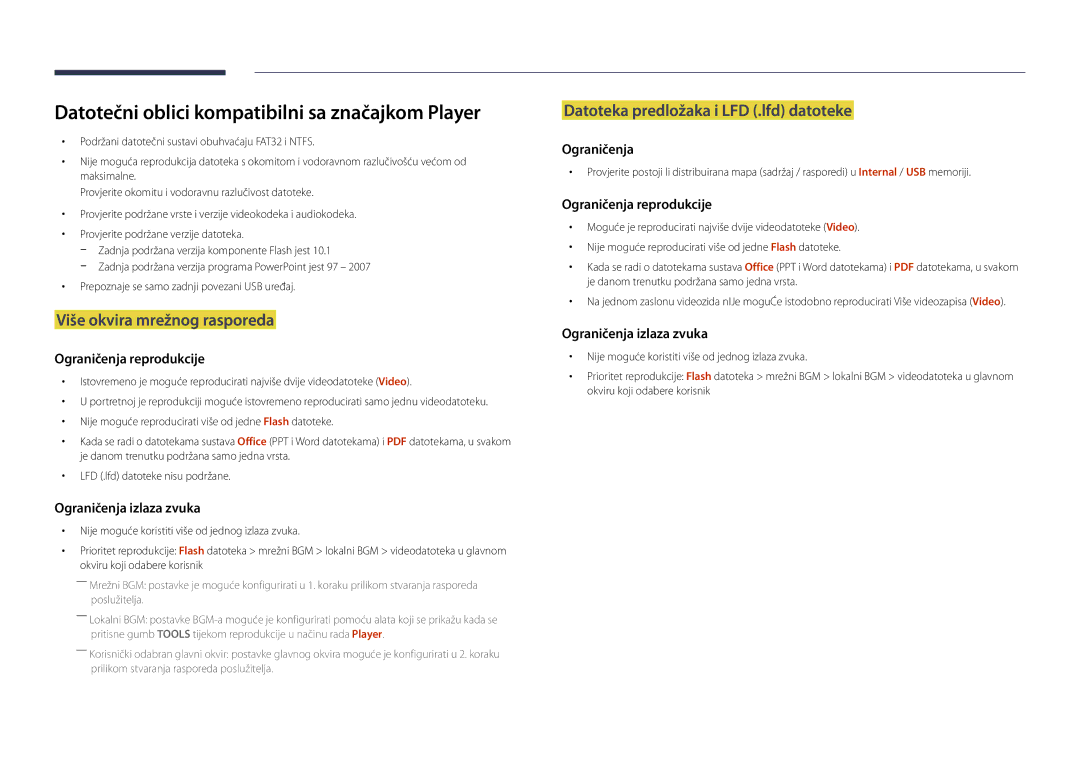 Samsung LH22DBDPSGC/EN manual Datotečni oblici kompatibilni sa značajkom Player, Više okvira mrežnog rasporeda 