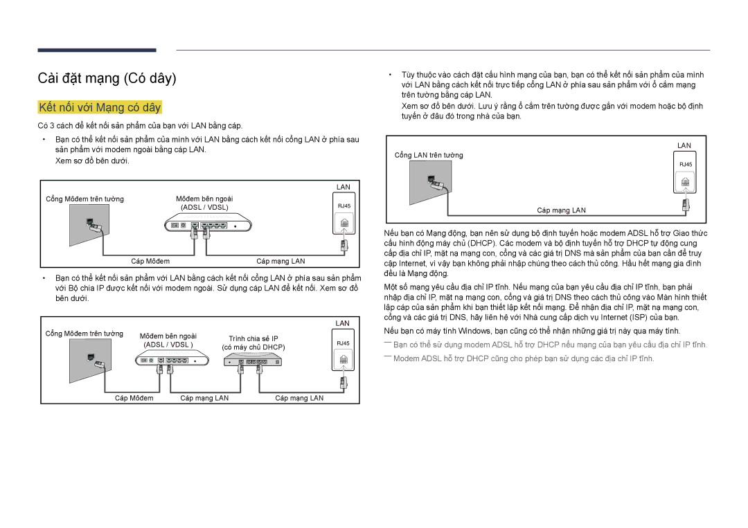 Samsung LH22DBDPSGC/XY manual Cà̀i đặt mạ̣ng Có́ dây, Kêt nối với Mạng có dây 