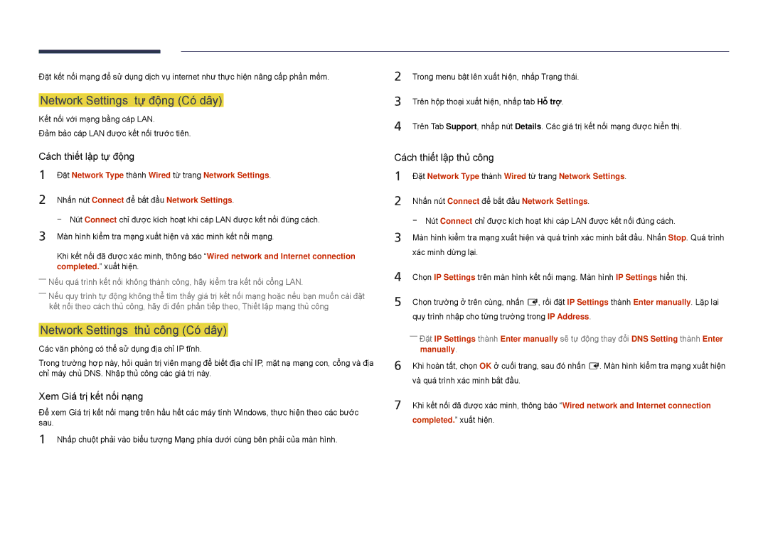 Samsung LH22DBDPSGC/XY manual Network Settings tự̣ động Có́ dây, Network Settings thủ̉ công Có́ dây, Manually 