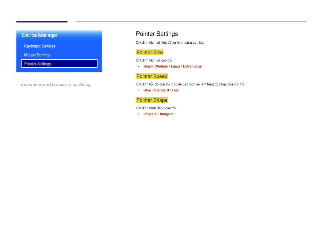 Samsung LH22DBDPSGC/XY Pointer Settings, Pointer Size, Pointer Speed, Pointer Shape, Keyboard Settings Mouse Settings 