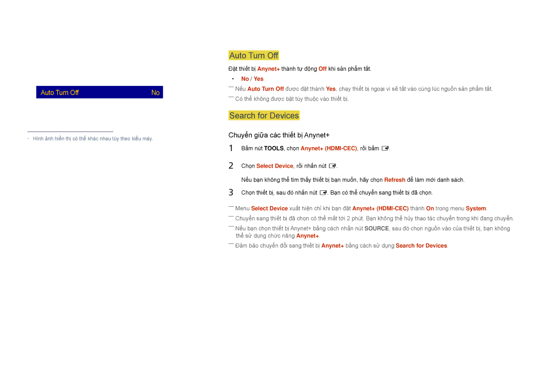 Samsung LH22DBDPSGC/XY manual Auto Turn Off, Search for Devices, Anynet+ HDMI-CEC Off 