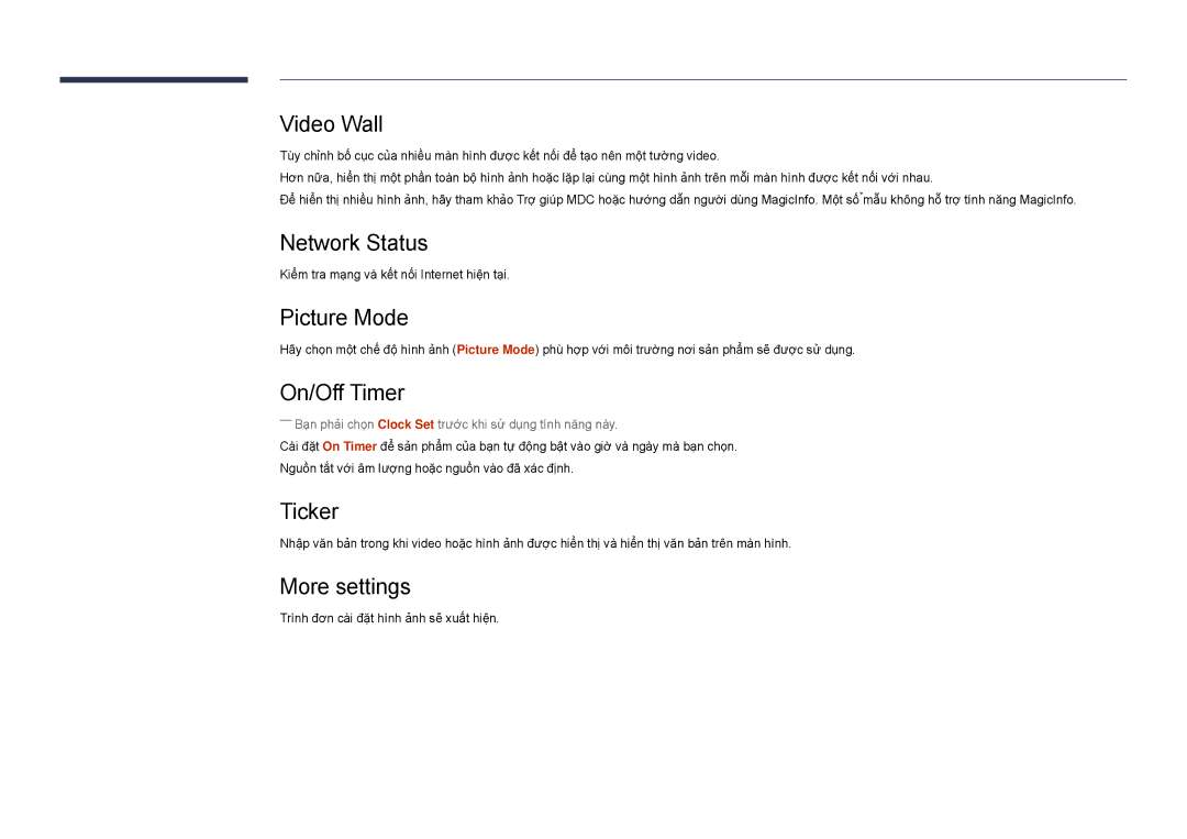 Samsung LH22DBDPSGC/XY manual Network Status, Picture Mode, On/Off Timer, Ticker, More settings 