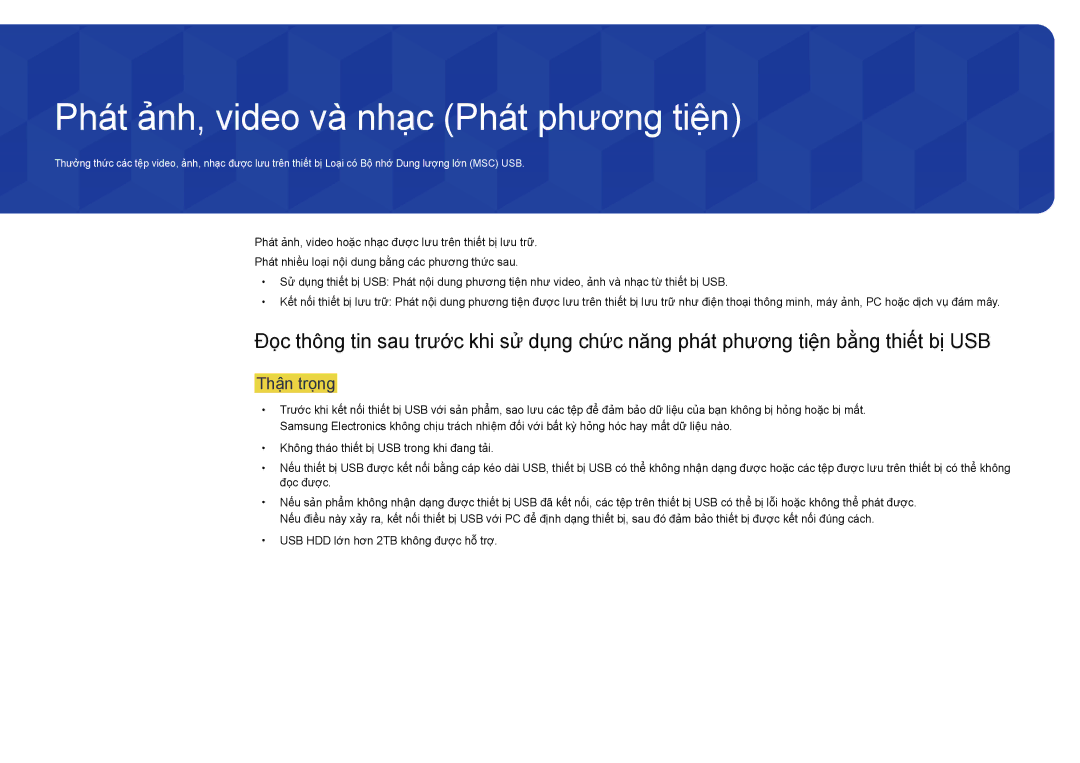 Samsung LH22DBDPSGC/XY manual Phát ảnh, video và nhạc Phát phương tiện, Thận trọng 