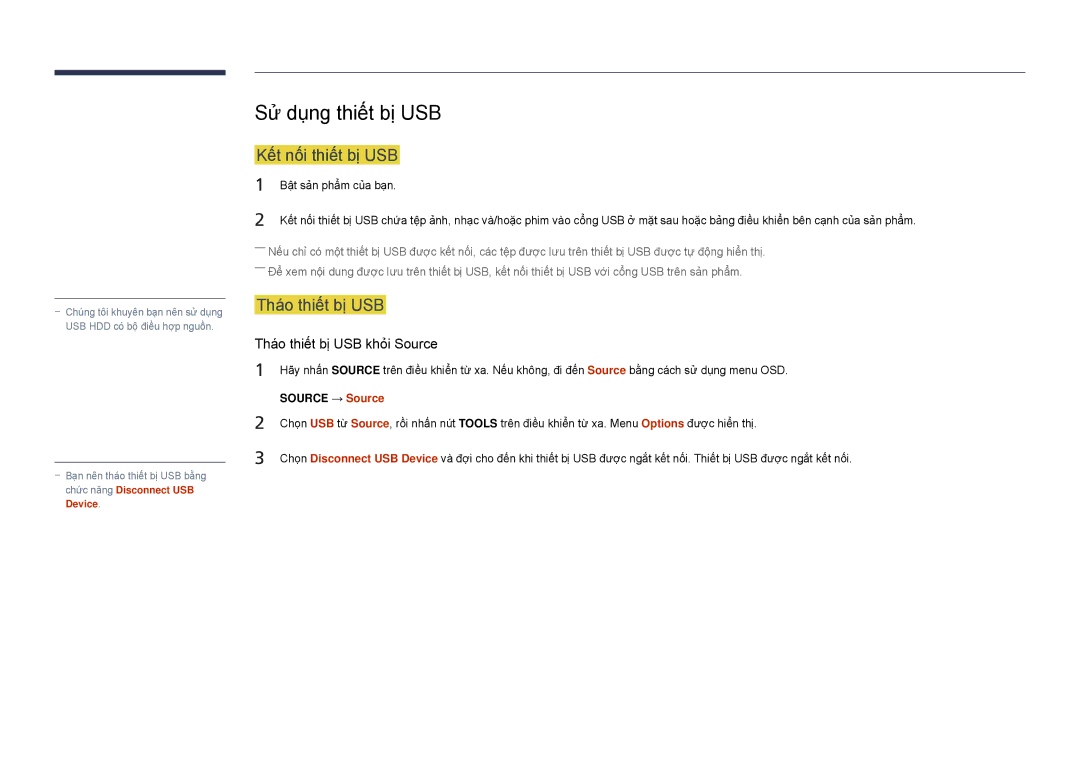 Samsung LH22DBDPSGC/XY manual Sử dụng thiết bị USB, Kết nối thiết bị USB, Tháo thiết bị USB 