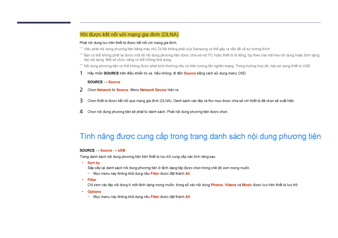 Samsung LH22DBDPSGC/XY manual Khi được kết nối với mạng gia đình Dlna, Source → Source → USB, Filter 