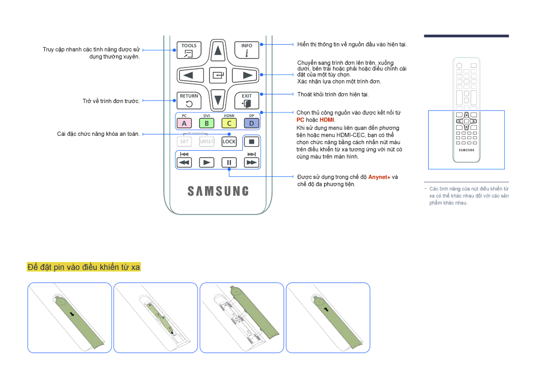 Samsung LH22DBDPSGC/XY manual Để đặt pin vào điều khiển từ xa, Dụng thường xuyên, PC hoăc Hdmi 