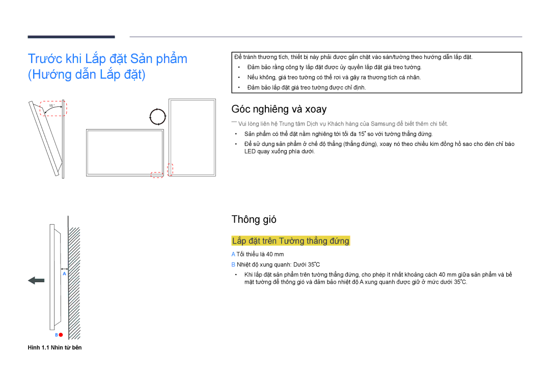 Samsung LH22DBDPSGC/XY manual Trước khi Lắp đặt Sản phẩm Hướng dẫn Lắp đặt, Gó́c nghiêng và̀ xoay, Thông gió́ 