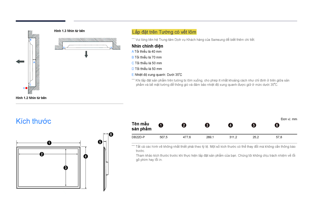 Samsung LH22DBDPSGC/XY manual Kích thươc, Lắp đặt trên Tườ̀ng có́ vế́t lõm, Nhìn chính diện, Tên mẫu, Sản phẩm 