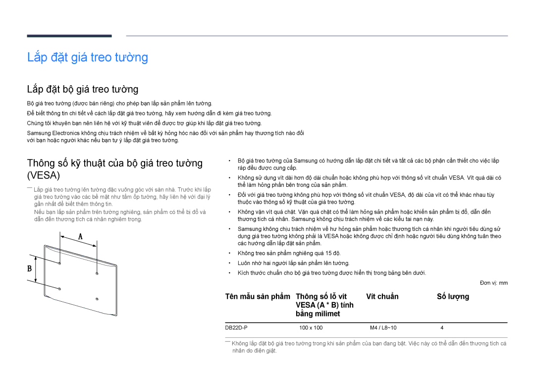 Samsung LH22DBDPSGC/XY manual Lăp đăt giá treo tường, Lăp đăt bộ giá treo tường, Vesa a * B tính Bằng milimet 