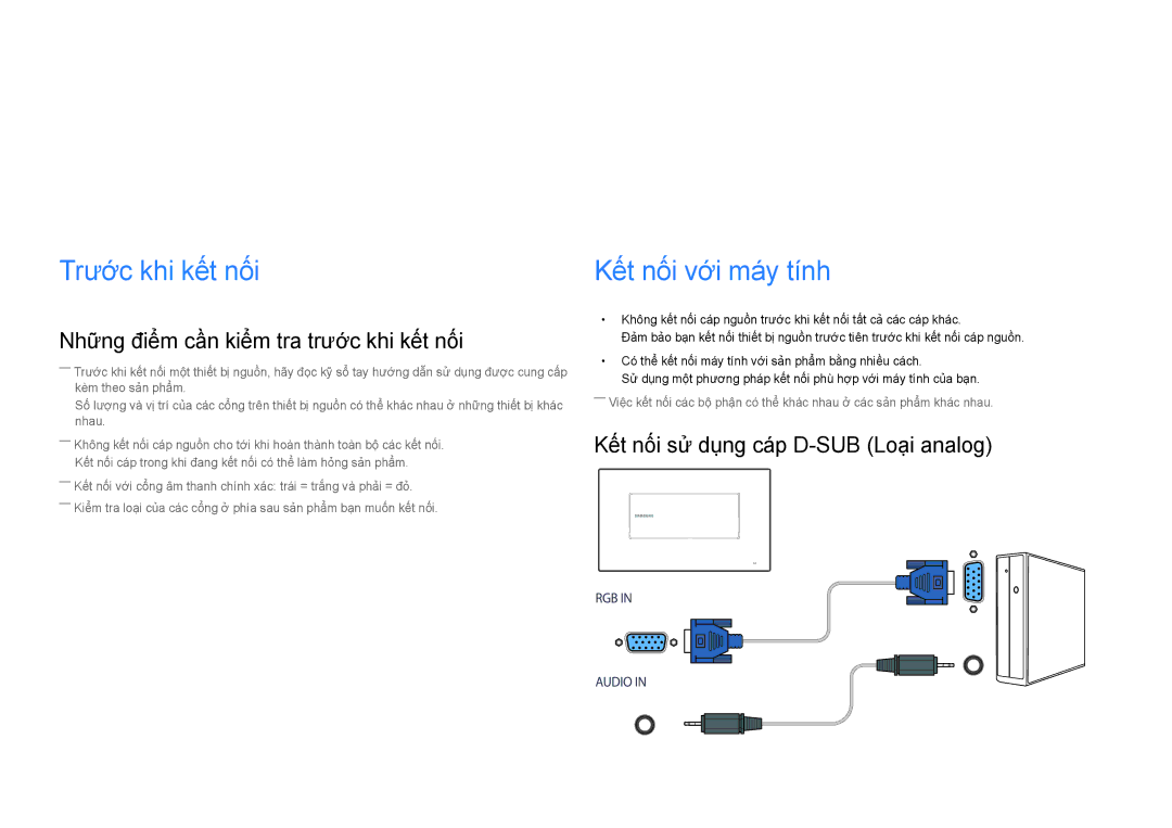 Samsung LH22DBDPSGC/XY Kết nối và Sử dụng Thiết bị nguồn, Trước khi kết nối, Những điểm cần kiểm tra trước khi kết nối 