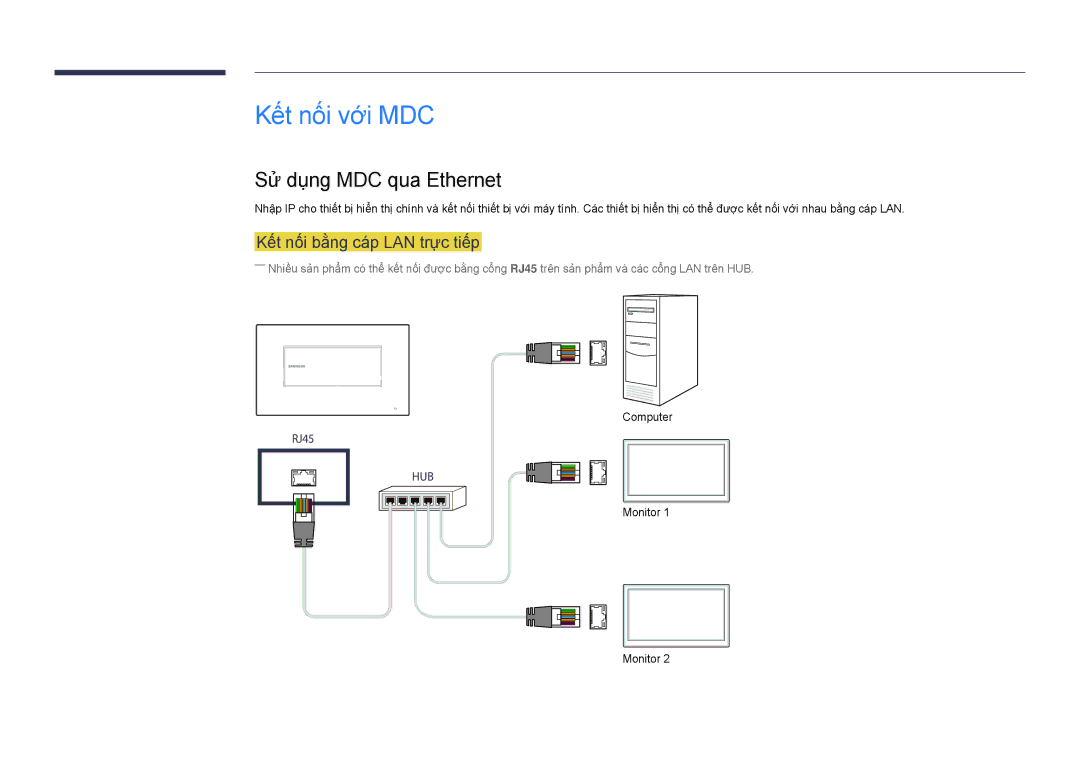 Samsung LH22DBDPSGC/XY manual Kết nối với MDC, Sử dụng MDC qua Ethernet, Kết nối băng cáp LAN trực tiếp 