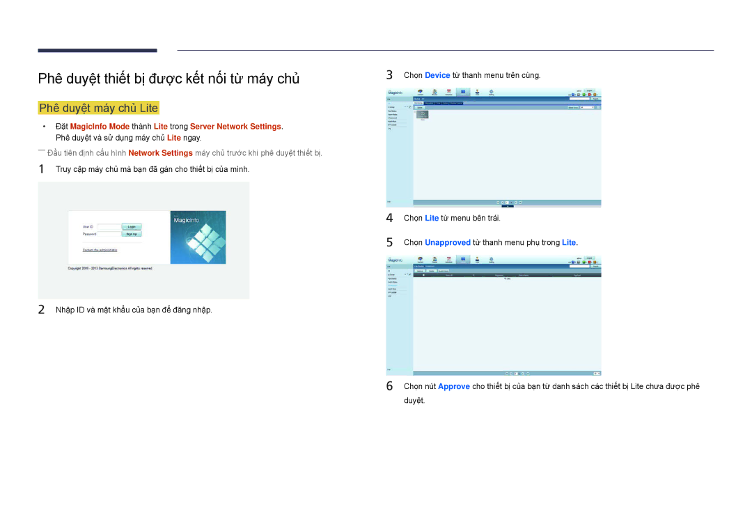 Samsung LH22DBDPSGC/XY manual Phê duyêt thiêt bi được kêt nối từ may chủ, Phê duyêt may chủ Lite 
