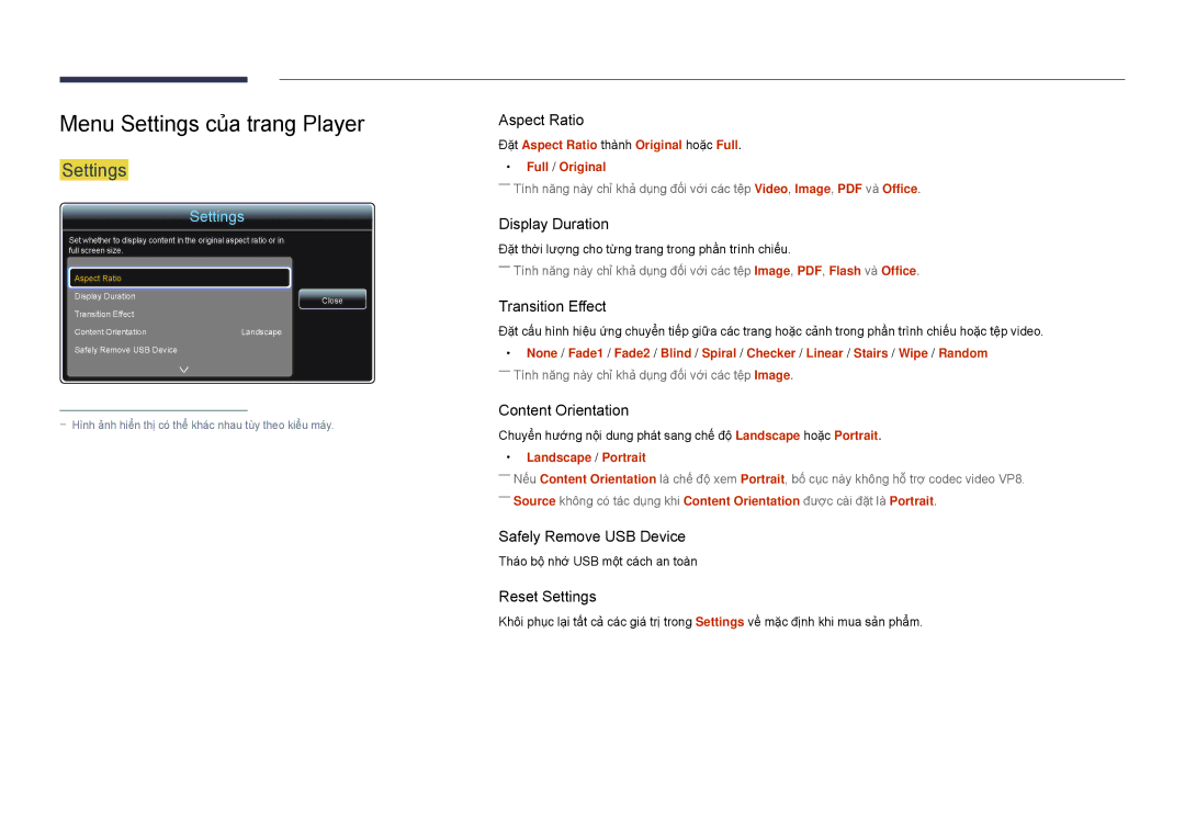 Samsung LH22DBDPSGC/XY manual Menu Settings của trang Player, Đặt Aspect Ratio thanh Original hoặc Full Full / Original 