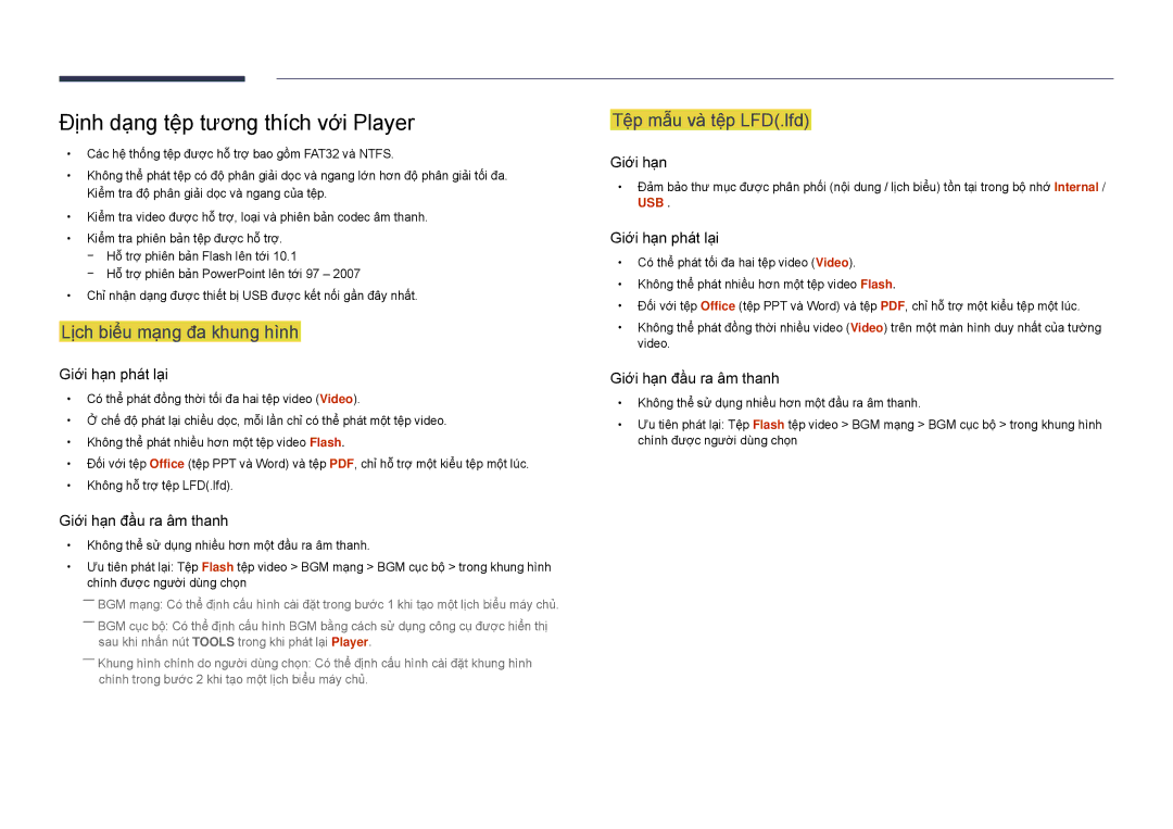 Samsung LH22DBDPSGC/XY manual Đinh dang têp tương thich vơi Player, Lich biểu mang đa khung hinh, Têp mâu va têp LFD.lfd 
