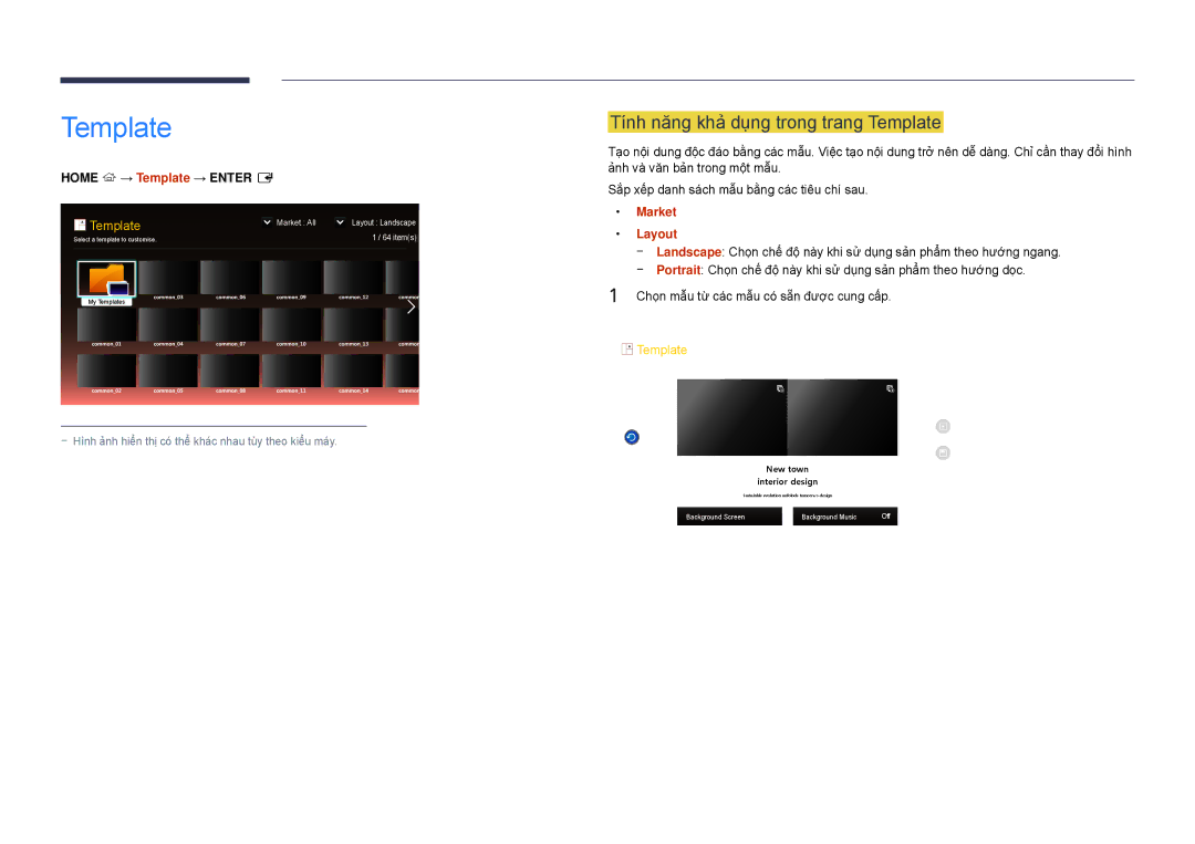 Samsung LH22DBDPSGC/XY manual Tinh năng khả dụng trong trang Template, Home → Template → Enter E, Market, Layout 
