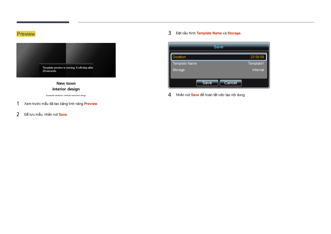 Samsung LH22DBDPSGC/XY manual Preview, Save Cancel, Đặt cấu hinh Template Name va Storage 