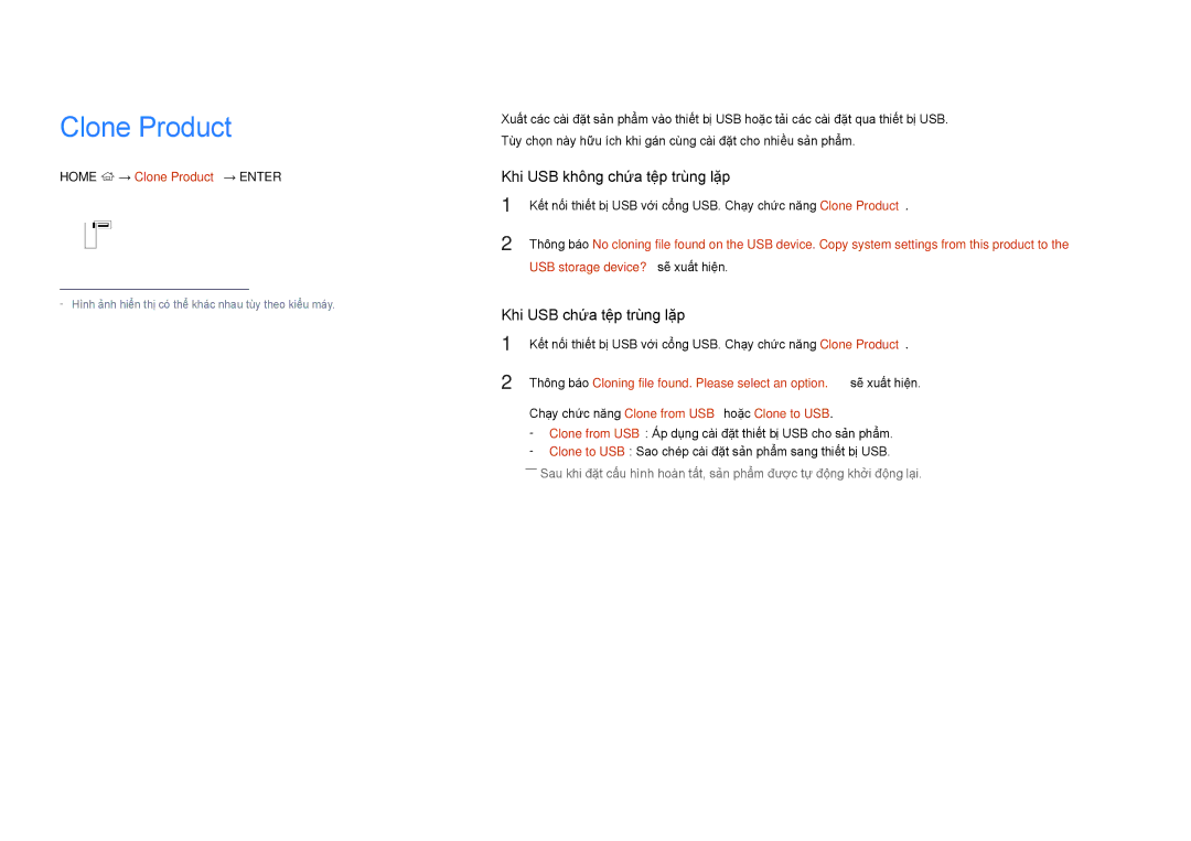 Samsung LH22DBDPSGC/XY manual Home → Clone Product → Enter E, USB storage device? sẽ̃ xuấ́t hiện 