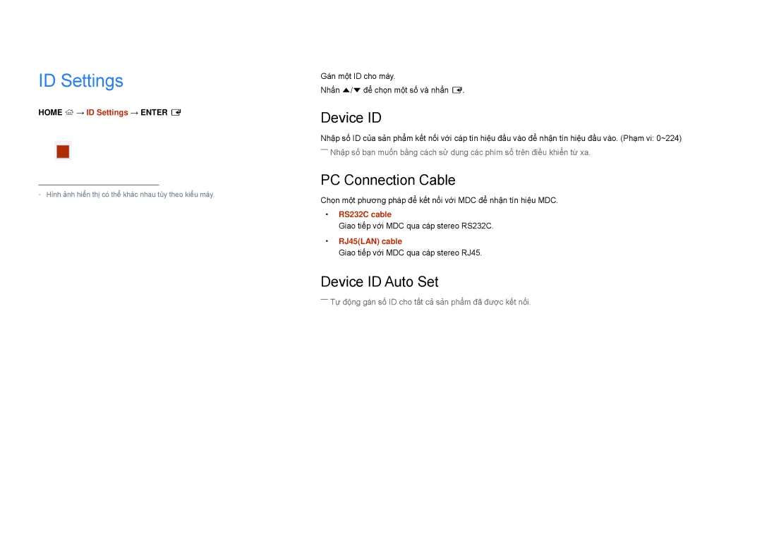 Samsung LH22DBDPSGC/XY manual ID Settings, PC Connection Cable, Device ID Auto Set 