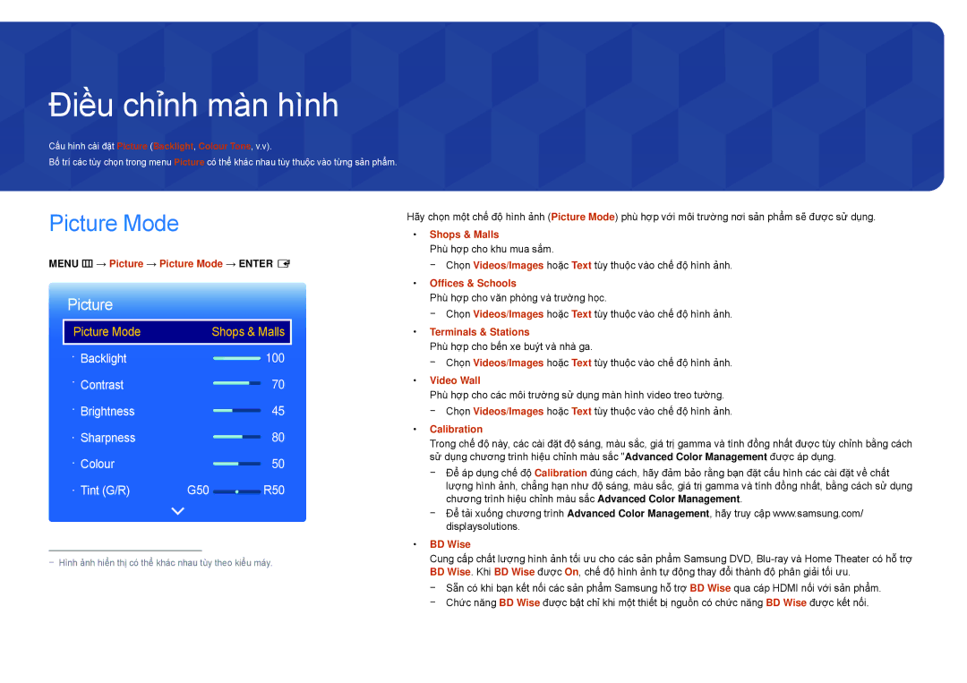 Samsung LH22DBDPSGC/XY manual Điều chỉnh màn hình, Menu m → Picture → Picture Mode → Enter E 