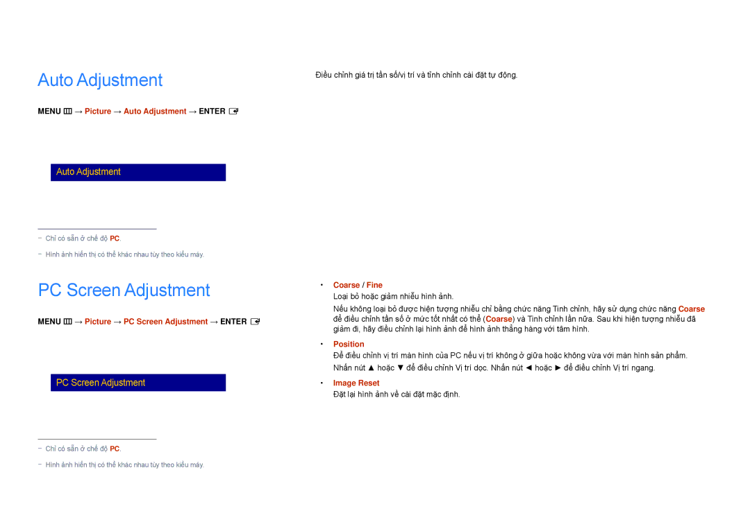 Samsung LH22DBDPSGC/XY manual Auto Adjustment, PC Screen Adjustment 