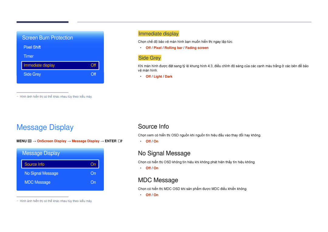 Samsung LH22DBDPSGC/XY manual Message Display, Source Info, No Signal Message, MDC Message 