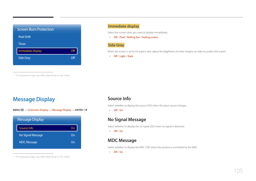 Samsung LH22DBDPTGC/CH, LH22DBDPTGC/EN manual Message Display, 105, Source Info, No Signal Message, MDC Message 