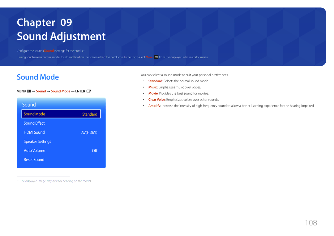 Samsung LH22DBDPTGC/EN, LH22DBDPTGC/CH manual Sound Adjustment, Sound Mode, 108 