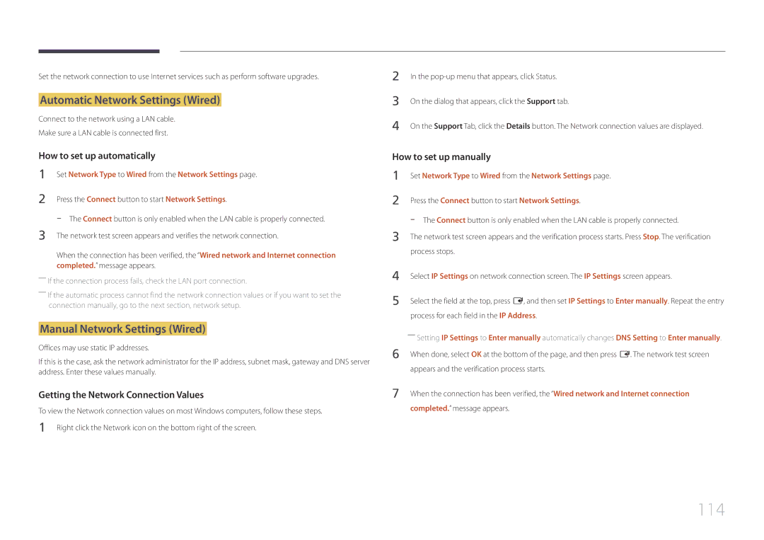 Samsung LH22DBDPTGC/EN, LH22DBDPTGC/CH manual 114, Automatic Network Settings Wired, Manual Network Settings Wired 