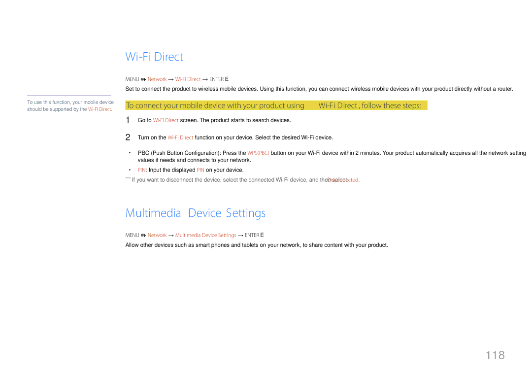 Samsung LH22DBDPTGC/EN, LH22DBDPTGC/CH manual Multimedia Device Settings, 118, Menu m → Network → Wi-Fi Direct → Enter E 