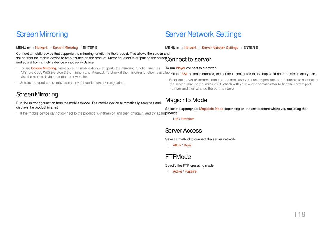 Samsung LH22DBDPTGC/CH, LH22DBDPTGC/EN manual Screen Mirroring, Server Network Settings, 119 