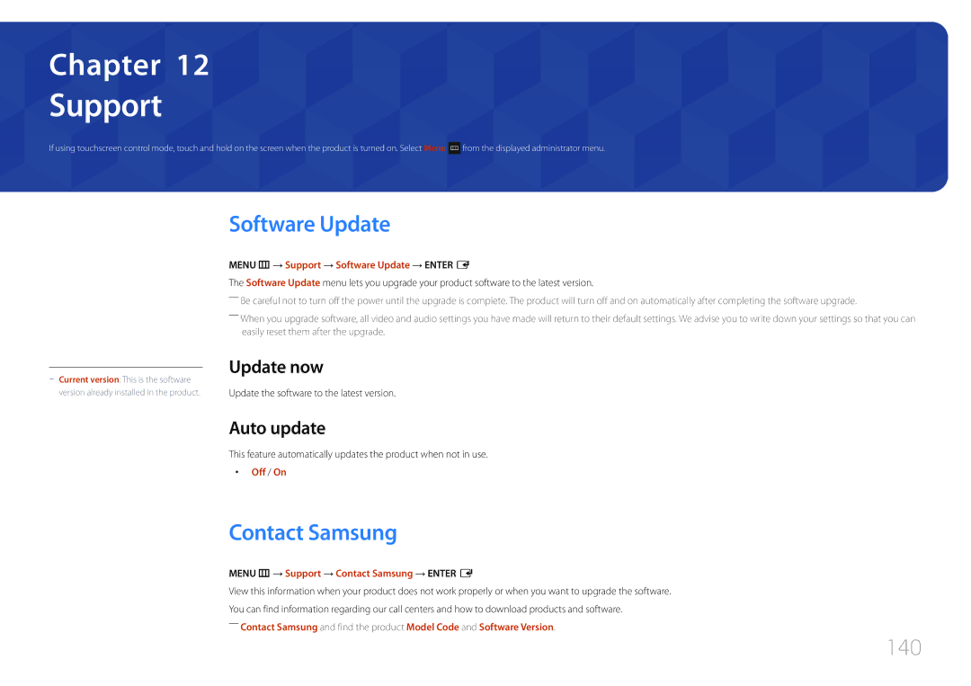 Samsung LH22DBDPTGC/EN, LH22DBDPTGC/CH manual Support, Software Update, Contact Samsung, 140 