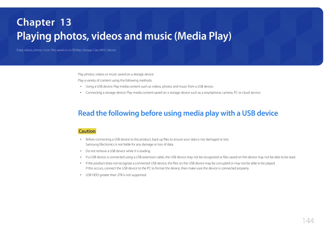 Samsung LH22DBDPTGC/EN manual Playing photos, videos and music Media Play, 144, USB HDD greater than 2TB is not supported 