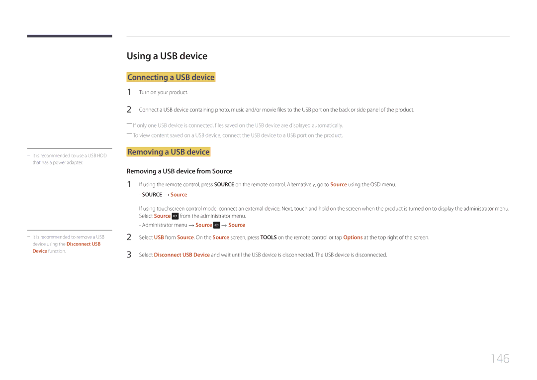 Samsung LH22DBDPTGC/EN, LH22DBDPTGC/CH 146, Using a USB device, Connecting a USB device, Removing a USB device, → Source 