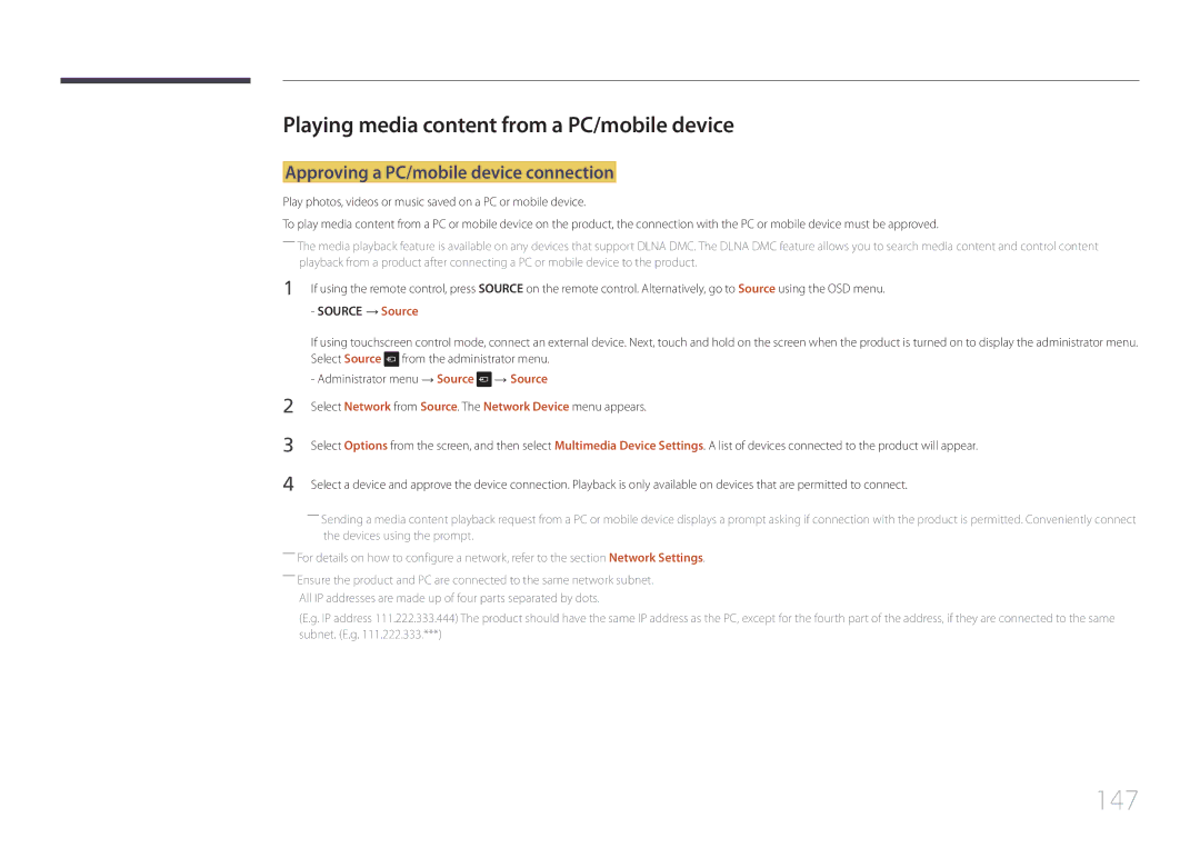 Samsung LH22DBDPTGC/CH manual 147, Playing media content from a PC/mobile device, Approving a PC/mobile device connection 