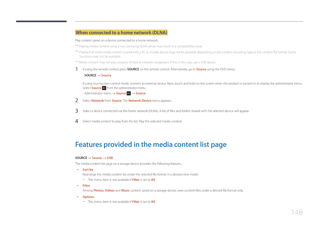 Samsung LH22DBDPTGC/EN Features provided in the media content list, 148, When connected to a home network Dlna, Filter 