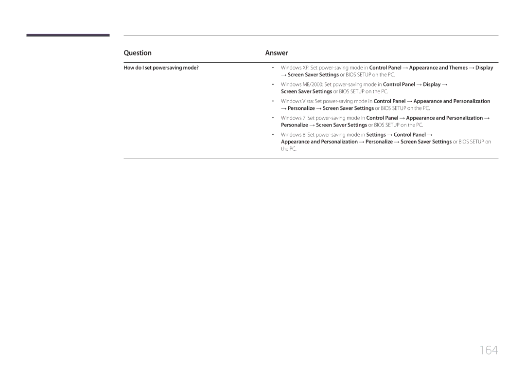 Samsung LH22DBDPTGC/EN, LH22DBDPTGC/CH manual 164, Question, How do I set powersaving mode? 