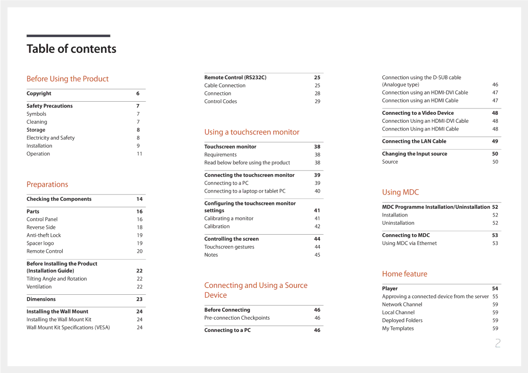 Samsung LH22DBDPTGC/EN, LH22DBDPTGC/CH manual Table of contents 