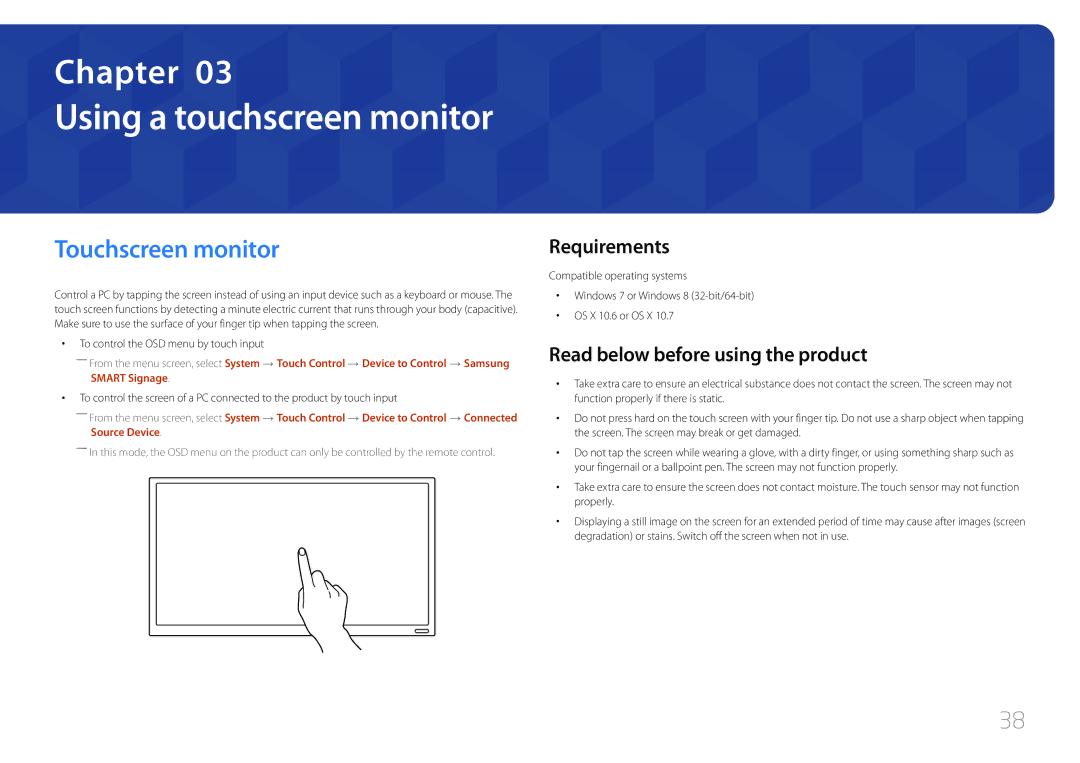 Samsung LH22DBDPTGC/EN Using a touchscreen monitor, Touchscreen monitor, Requirements, Read below before using the product 