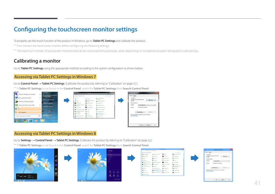 Samsung LH22DBDPTGC/CH, LH22DBDPTGC/EN manual Configuring the touchscreen monitor settings, Calibrating a monitor 