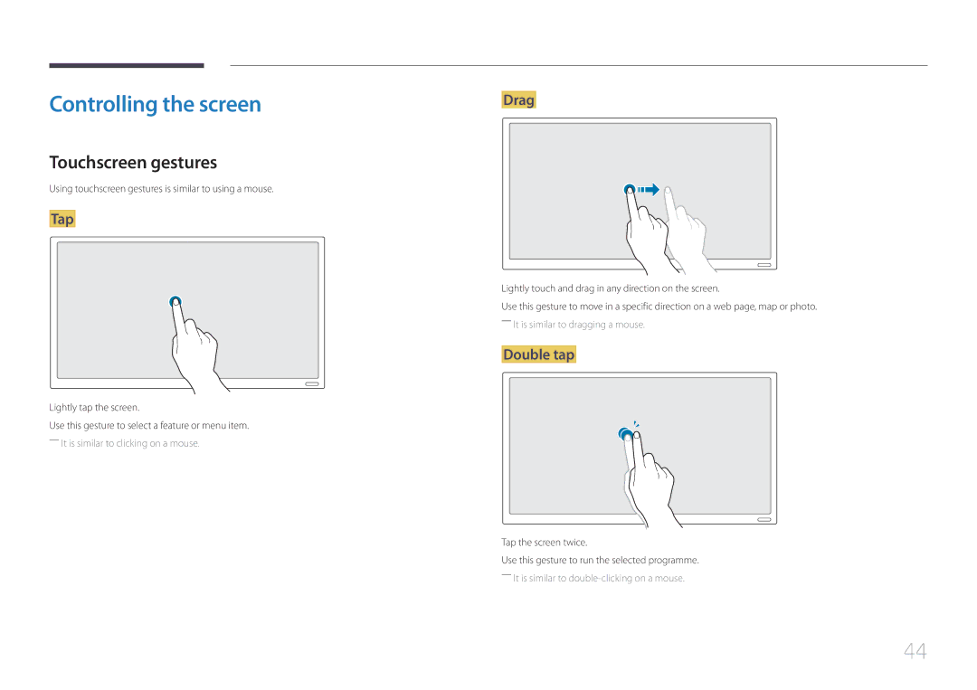 Samsung LH22DBDPTGC/EN, LH22DBDPTGC/CH manual Controlling the screen, Touchscreen gestures, Tap, Drag, Double tap 