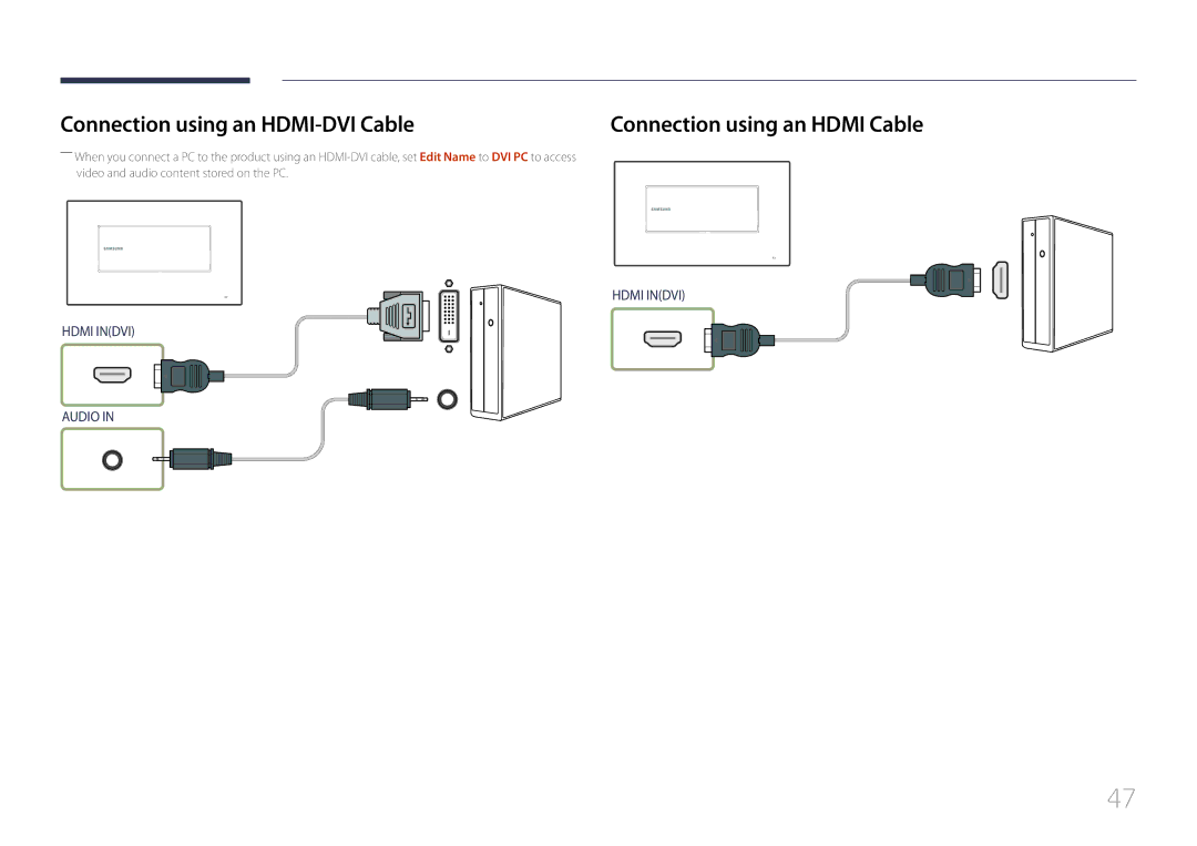 Samsung LH22DBDPTGC/CH, LH22DBDPTGC/EN manual Connection using an HDMI-DVI Cable, Connection using an Hdmi Cable 
