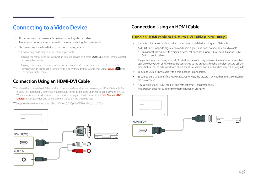 Samsung LH22DBDPTGC/EN, LH22DBDPTGC/CH manual Connecting to a Video Device, Connection Using an Hdmi Cable 