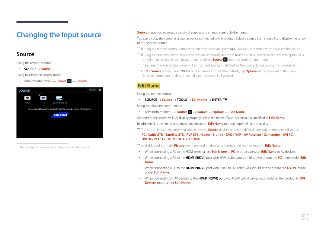 Samsung LH22DBDPTGC/EN, LH22DBDPTGC/CH manual Changing the Input source, Edit Name, Source → Source 