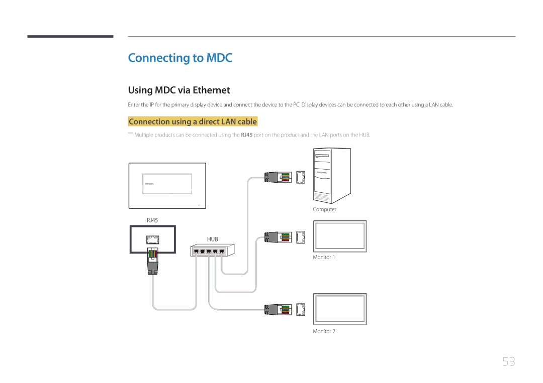 Samsung LH22DBDPTGC/CH Connecting to MDC, Using MDC via Ethernet, Connection using a direct LAN cable, Computer, Monitor 