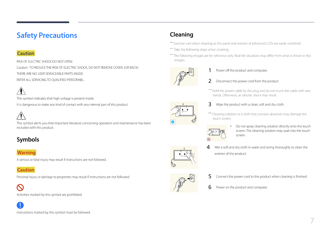 Samsung LH22DBDPTGC/CH, LH22DBDPTGC/EN manual Safety Precautions, Symbols, Cleaning 