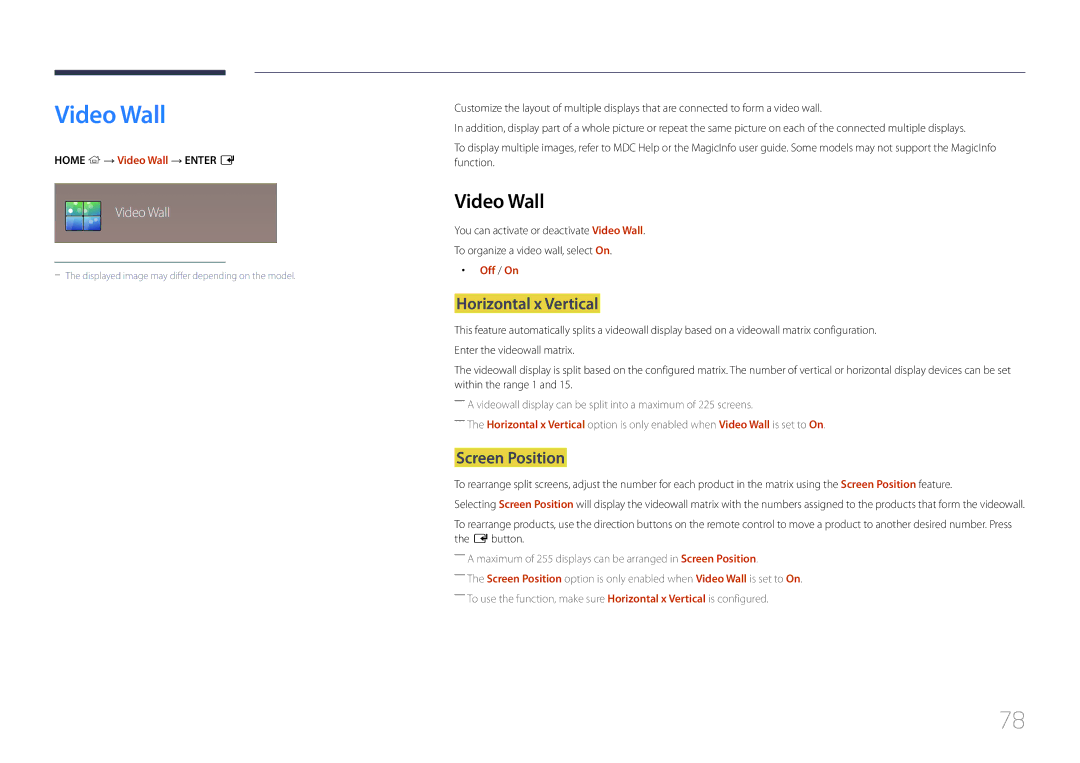 Samsung LH22DBDPTGC/EN, LH22DBDPTGC/CH manual Video Wall, Horizontal x Vertical, Screen Position 